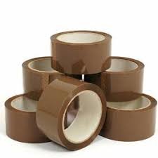 Six rolls of brown acrylic packing tape stacked on top of one another.