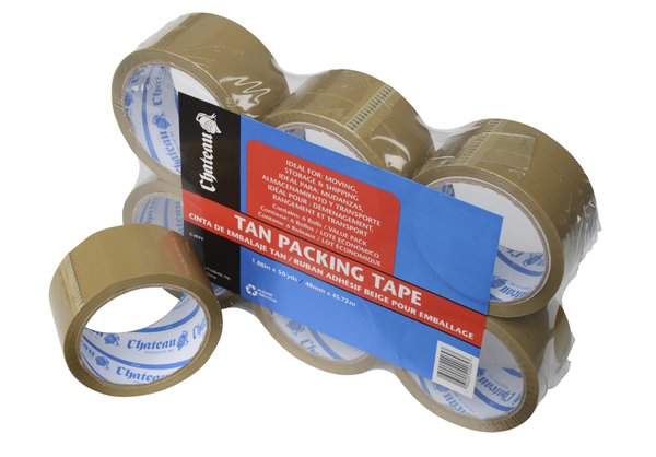 A six-pack of brown acrylic packing tape.