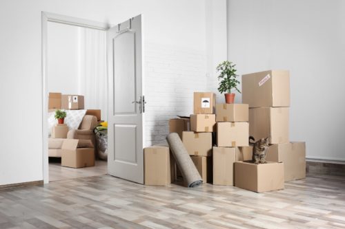 moving boxes piled up in corner of room